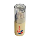 A cylindrical cardboard container holds several sharpened colored pencils, topped with a clear plastic lid that includes a built-in pencil sharpener. The container is labeled with SkyRack and a red and blue logo.