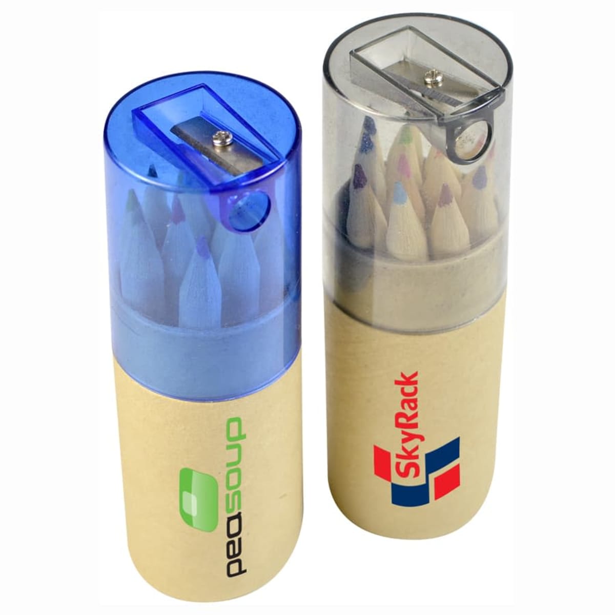 Two cylindrical containers holding colored pencils with built-in sharpeners. The left container has a blue lid and peasoup logo, while the right has a gray lid and SkyRack logo. Both containers are beige at the bottom.