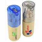 Two cylindrical cardboard containers with built-in pencil sharpeners, housing colored pencils. One container has a blue top with peasoup written on it, while the other has a gray top with SkyRack and a logo.