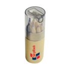 A cylindrical container holds colored pencils with a sharpener integrated into the transparent lid. The beige body features the SkyRack logo in red and blue. The pencils, sharpened to points, are visible through the lid.