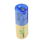 A cylindrical cardboard container labeled peasoup holds multiple small blue pencils. The container features a sharpener on its transparent blue plastic lid.