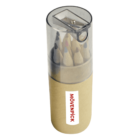 A cylindrical container with a transparent plastic lid houses several sharpened pencils. The lid features an integrated pencil sharpener. The beige lower portion displays the text Mövenpick in red.