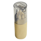 A cylindrical cardboard container holds several small pencils, pointed upward, with a transparent plastic lid featuring a sharpener. The pencils have unpainted wooden barrels and sharp graphite tips.