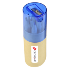 A set of pencils housed in a cylindrical cardboard container with a transparent blue plastic sharpener lid. A label with the brand name Cross Air is attached to the container.