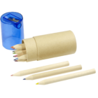 A cylindrical cardboard container with short colored pencils spills out. Nearby, three pencils and a sharpener with a transparent blue cover are positioned against a white background.