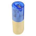 A round container with a blue transparent lid holding several sharpened pencils inside. The container has a pencil sharpener built into the lid. The lower part of the container is beige.