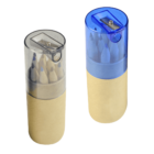 Two cylindrical containers topped with pencil sharpeners. One has a transparent gray lid, and the other a transparent blue lid. Each container holds several sharpened pencils with beige bodies.