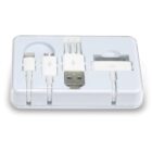 A white charging cable set in a plastic case, including a USB connector and various adapter heads, such as a lightning connector, a micro USB, and a wide 30-pin connector.