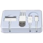 A set of various white charging cables neatly arranged in a rectangular plastic tray. The set includes connectors for older Apple devices, micro USB, and a Lightning connector, along with a standard USB plug.