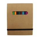 A cardboard case with an oval window showing several colored markers inside. The case is secured with a black elastic band around the front.