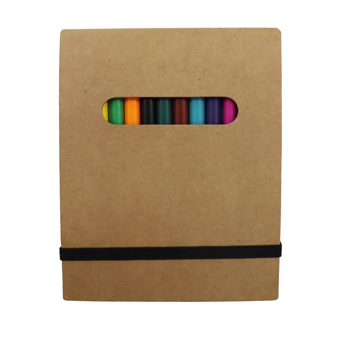 A cardboard case with an oval window showing several colored markers inside. The case is secured with a black elastic band around the front.