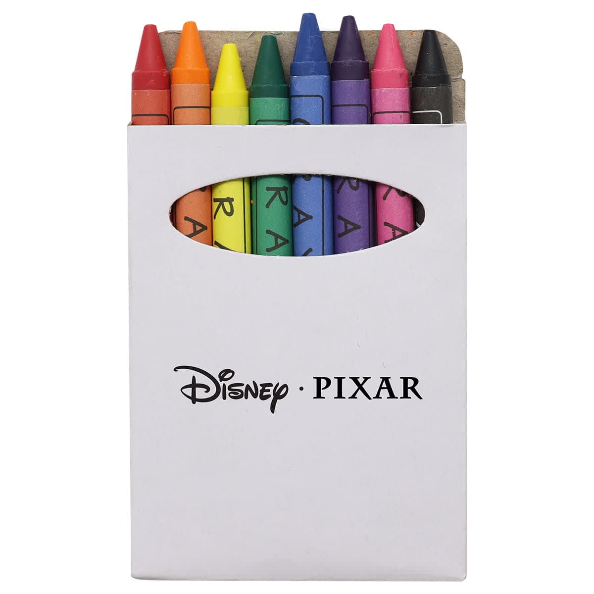 A box of colorful crayons featuring the Disney Pixar logo. The box has an open top showing eight crayons of various colors, including orange, yellow, green, blue, purple, pink, and red.