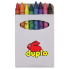 A box of colorful crayons with a red rabbit logo and the word duplo on the front. The crayons are arranged in a gradient of colors, including orange, red, green, blue, purple, and black, visible through an oval cutout in the packaging.