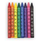 Seven crayons arranged vertically from left to right in red, orange, yellow, green, blue, purple, and black. Each crayon has the word CRAYONS printed in black letters.