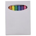 A white rectangular box with an oval cutout at the top, displaying six crayons in colors orange, yellow, green, blue, purple, and pink from left to right.