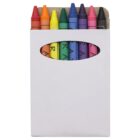 A box of eight colorful crayons, including orange, red, yellow, green, blue, purple, and black, with the crayons partially visible above the white packaging.