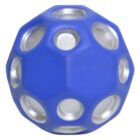 A blue dodecahedron-shaped ball with circular holes in each face, revealing a silver interior. The ball has a geometric design and a smooth texture.