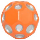 Orange and silver spherical object with multiple circular cutouts, creating a lattice design.