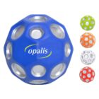 A blue spherical toy with circular cutouts and a opalis logo at the center. Surrounding it are smaller versions of the toy in green, white, and orange, each with matching cutouts and slight color variations.
