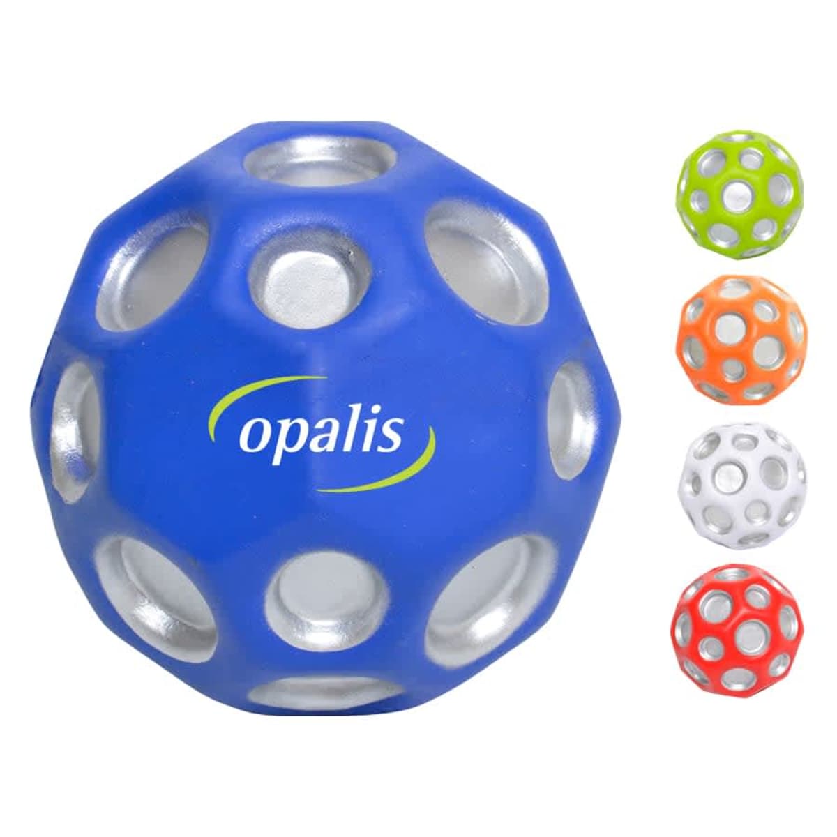 A blue spherical toy with circular cutouts and a opalis logo at the center. Surrounding it are smaller versions of the toy in green, white, and orange, each with matching cutouts and slight color variations.