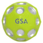 A round, lime green ball with circular cutouts and silver lining around each cutout. The letters GSA are printed in blue on the surface.