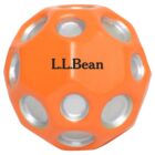 An orange spherical ball with circular cutouts revealing a silver interior is shown. The surface features the text L.L.Bean in black lettering.