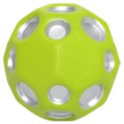 A lime green spherical ball with multiple evenly spaced circular cutouts, revealing a shiny metallic interior. The ball has a symmetrical, geometric pattern.