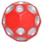 A red dodecahedron object with circular silver indents on each face, giving it a textured appearance. The combination of red and silver creates a striking, modern design.