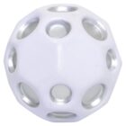 A white spherical object with multiple circular holes and a metallic finish inside the holes. The surface is smooth, and the object appears to be made of plastic or a similar material.