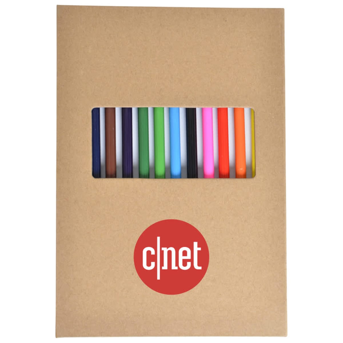 A brown notebook cover with a window displaying multiple colored pencils inside. The cover features a circular red logo with CNET in white text.