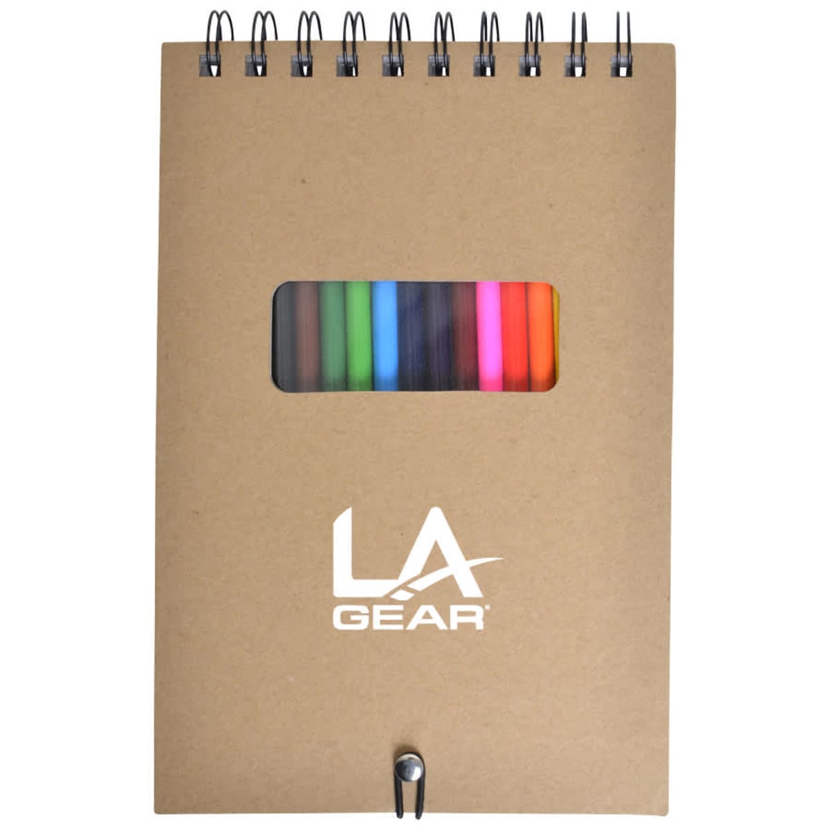 A spiral-bound notebook with a brown cover featuring the LA Gear logo in white. It has a small window displaying colorful markers inside. A pen is clipped at the bottom.