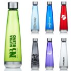 A group of seven reusable water bottles with metallic caps, each in different colors and designs. From left to right: green, silver, blue, red, gray, purple, and white, each featuring distinct logos and branding.