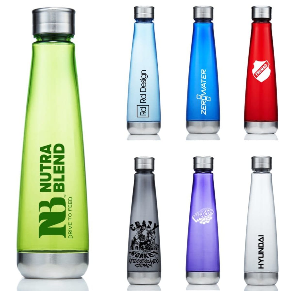 A group of seven reusable water bottles with metallic caps, each in different colors and designs. From left to right: green, silver, blue, red, gray, purple, and white, each featuring distinct logos and branding.