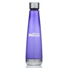 A sleek purple water bottle with stainless steel accents on the top and bottom. The bottle has a logo and the text Package Route printed in white on its front.
