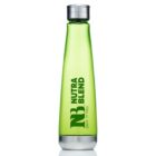 A green water bottle with a silver cap and base, featuring the Nutra Blend logo and the words Drive to Feed printed on its side.