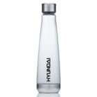 A clear, tapered water bottle with a metallic cap and base. The word HYUNDAI is printed vertically in black on the side. The bottle is set against a plain white background.