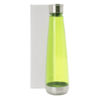 A translucent green water bottle with a stainless steel cap stands in front of a plain white box. The bottle has a sleek, conical shape and rests on a flat metallic base.