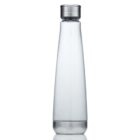 A tall, transparent glass water bottle with a sleek, cylindrical design. It has a silver screw-on cap at the top and a matching silver base, reflecting light. The bottle is empty and stands upright against a white background.