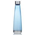 A sleek, blue, reusable water bottle with a shiny silver cap and base. The bottle has a smooth, tapered design and is standing upright against a plain white background.