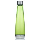 A sleek green water bottle with a silver cap and base, standing upright against a white background.
