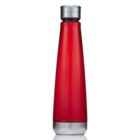 A sleek red water bottle with a silver screw-on lid and base, standing upright. The body is smooth and slightly tapered towards the top, reflecting light on its glossy surface. The bottle is on a white background.