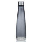 A sleek, tall, gray water bottle with a stainless steel screw-on cap. The bottle has a smooth matte finish and a tapered design, narrowing towards the top. It stands upright on a reflective white surface.