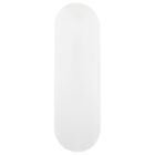 A blank, white skateboard deck with a smooth surface, lying flat against a plain white background. The deck is oval-shaped with rounded edges.