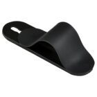A black shoehorn with a sleek, curved design. It has a looped handle at one end for easy gripping and hangs with a streamlined appearance. The surface appears smooth and matte.