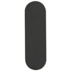 A matte black, oval-shaped object is centered on a white background. The surface is smooth, with softly rounded edges. The object appears thin and elongated.
