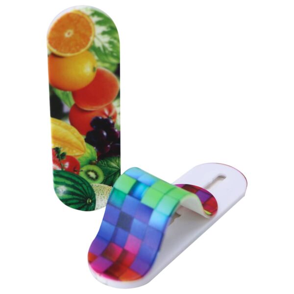A set of colorful bookmarks with decorative designs. One bookmark features a fruit collage with oranges, grapes, and other fruits. The other has a vibrant, checkered rainbow pattern. Both are in a standing position, showcasing their designs.