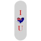 Skateboard deck with white background, featuring red text I and U with a heart-shaped cutout in the center. The cutout displays the Australian flag design.
