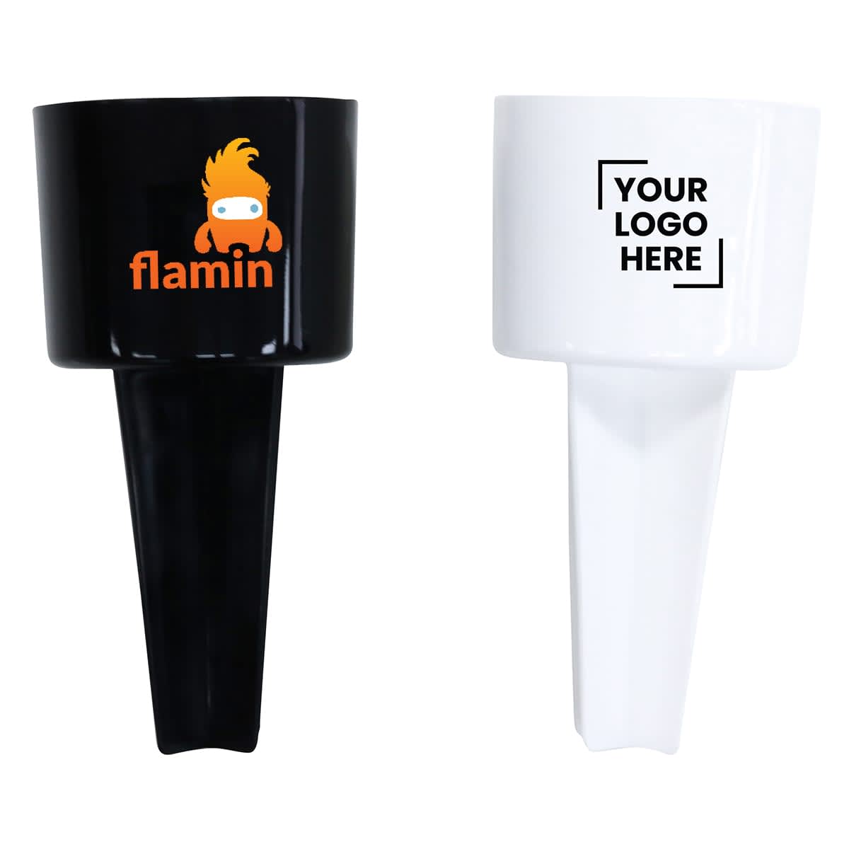 Two drink holder stakes are shown: one black with an orange logo featuring a stylized flame character, and one white with Your Logo Here text. Both have a cylindrical holder atop a stake designed to be inserted into the ground.