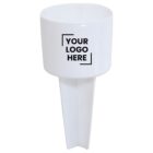 A white plastic beach cup holder with a cylindrical top and a tapered, pointed base. The side reads Your Logo Here in black text.