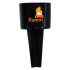 Close-up of a black cup with a handle and an orange logo featuring a stylized character with spiky hair and the word flamin underneath. The design is simple and modern.